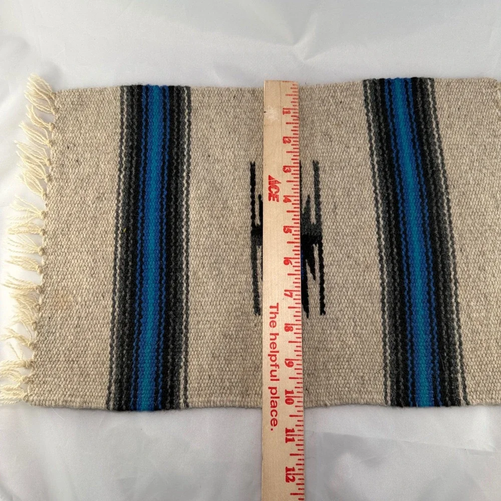 Vtg Ortega's Chimayo Hand Woven Wool Table Mat 10x15 Blue Southwestern Boho Rug